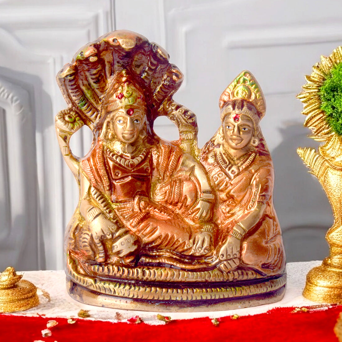 3.7 Inch Sacred Brass Vishnu Laxmi Statue in antique finish, finely detailed and compact, ideal for home temples, Diwali pooja, and spiritual dΓ©cor No.1 Brass Idol Store www.satvikstore.in