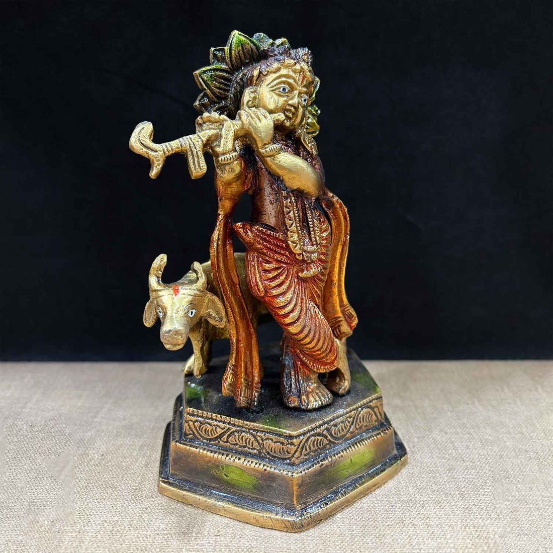 6.9 Inch Lovely Krishna with Cow Brass Idol