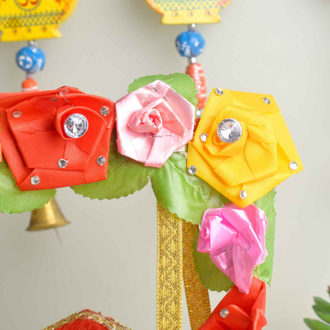 Royal Wooden Velvet Jhula β Floral Gota Swing for Laddu Gopal