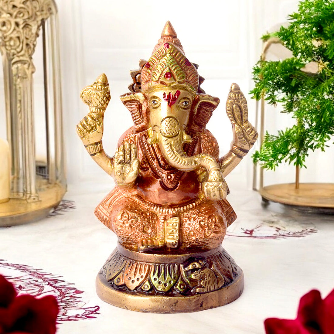4.5 Inch Handcrafted Brass Lakshmi Ganesha Idol