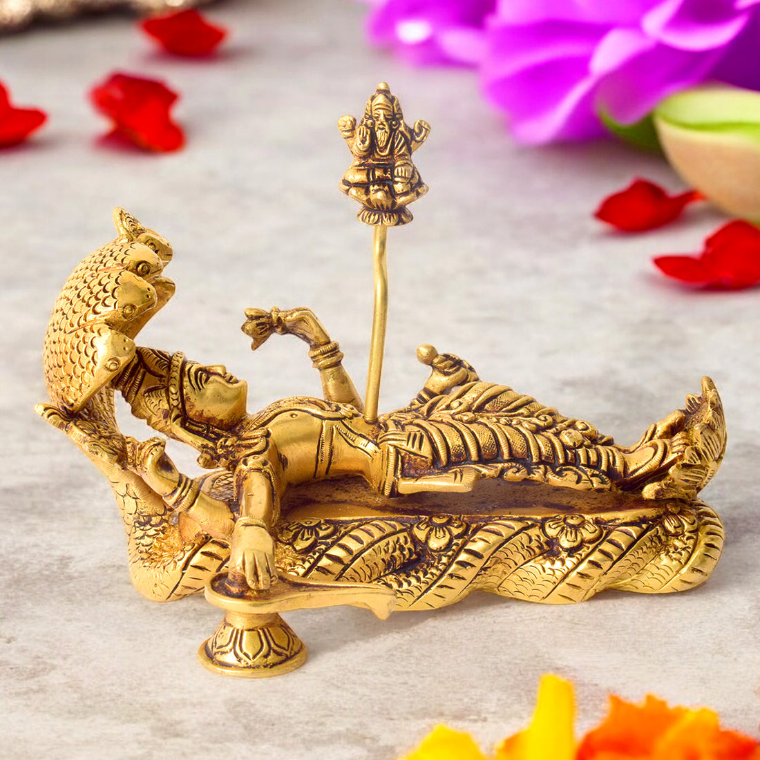5.3 Inch Brass Vishnu Padmanabha Statue – Lord Vishnu Sleeping on Sheshnag