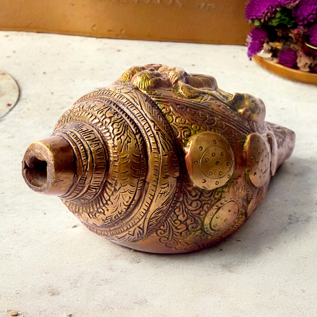 Brass Shankh with Divine Carvings of Radha Krishna Shankh