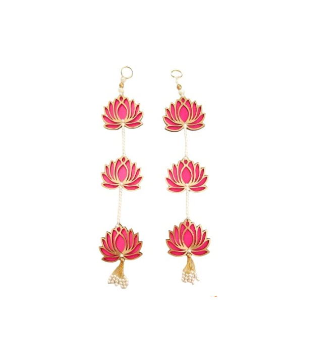 2 Pc 15.5 Inch Red Lotus Latkan Decorative Toran/Wall Hanging