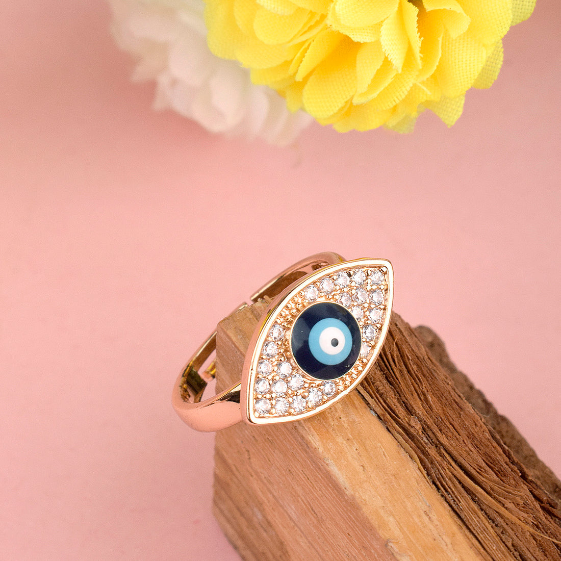 Adjustable Oval Evil Eye Stone Gold Plated Band Ring