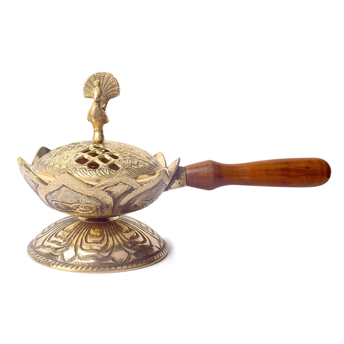 Antique Brass Loban Dingali with Wooden Handle for Pooja and Rituals