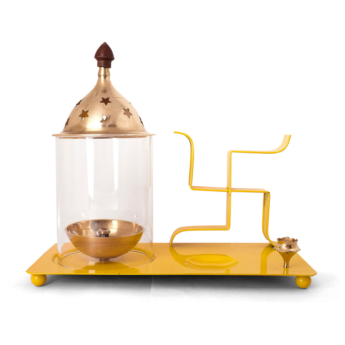 Brass & Metal Swastik Chimney Diya Tray with Incence Holder (Yellow)