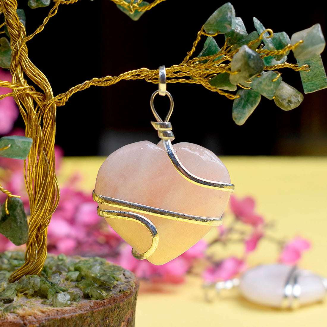 Rose Quartz Pendant Heart Wire Wrapped Crystal Stone Pendant
