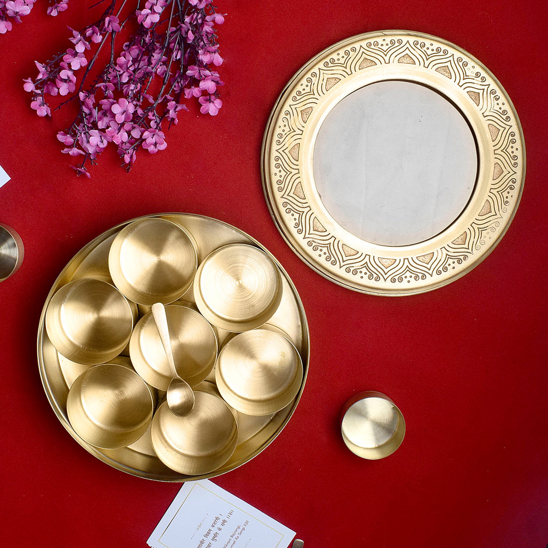 Premium Brass Pooja Samagridaan Set - 7 Containers with Spoon and Glass Lid
