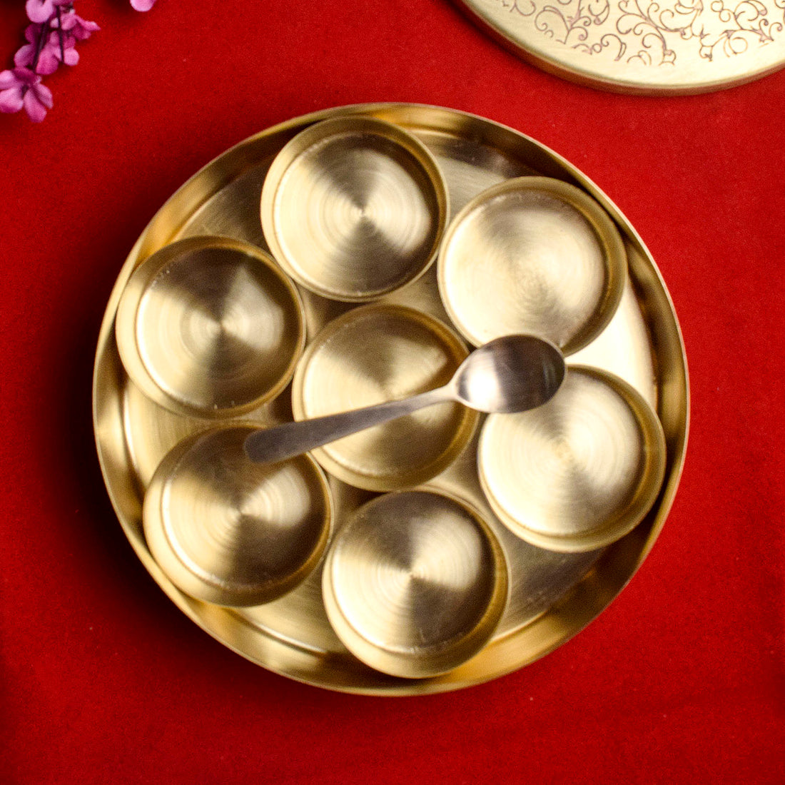 Brass Pooja Samagridaan (7 Containers) with Spoon Puja Organizer