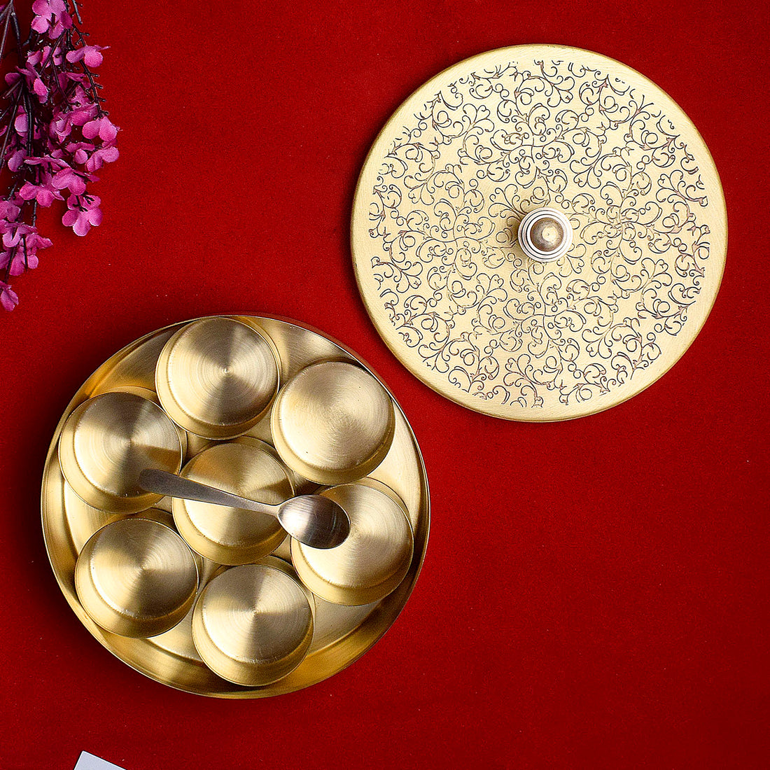 Brass Pooja Samagridaan (7 Containers) with Spoon Puja Organizer