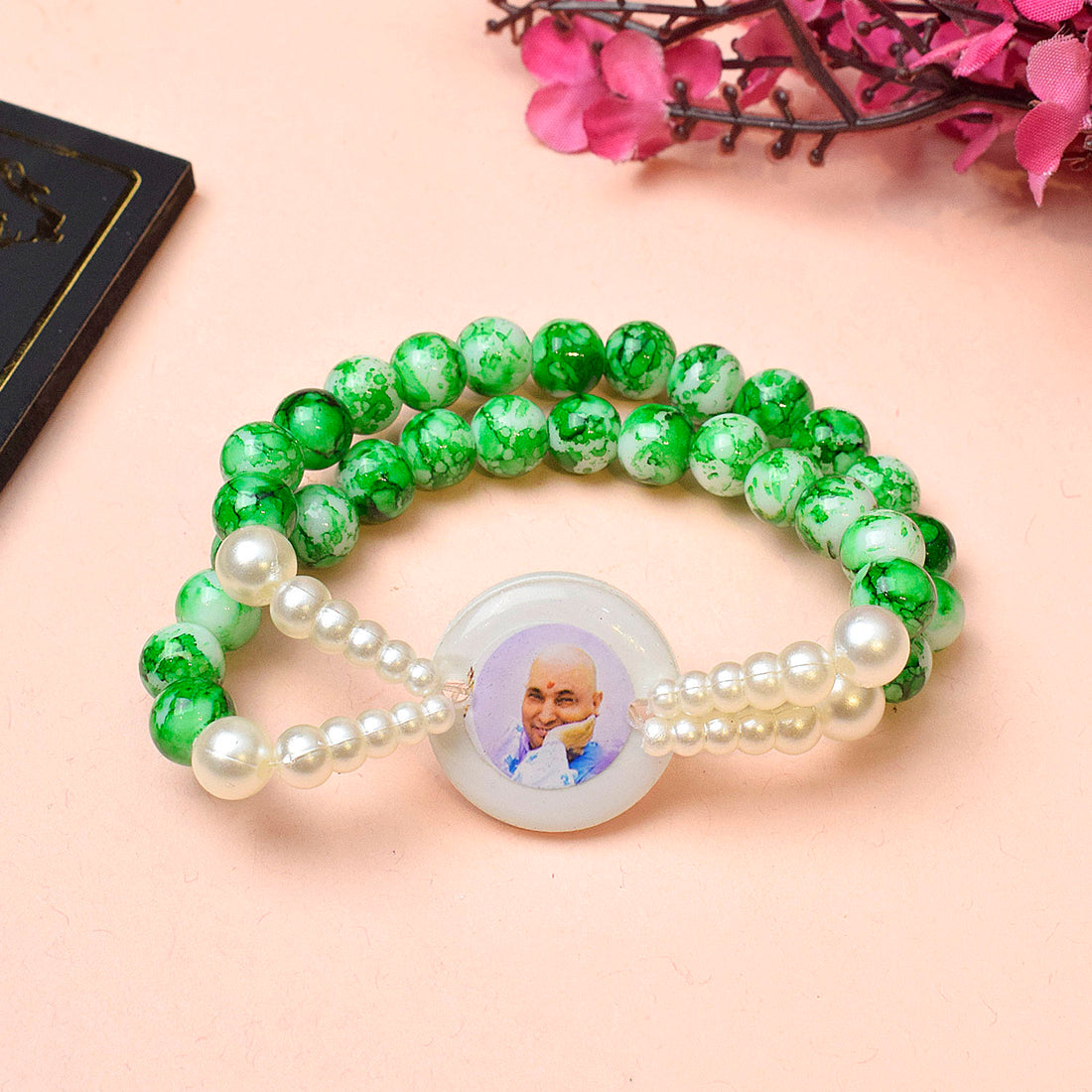 Crystal Green Beads Double Layer & White Pearl Bracelet with Jai Guruji Swaroop