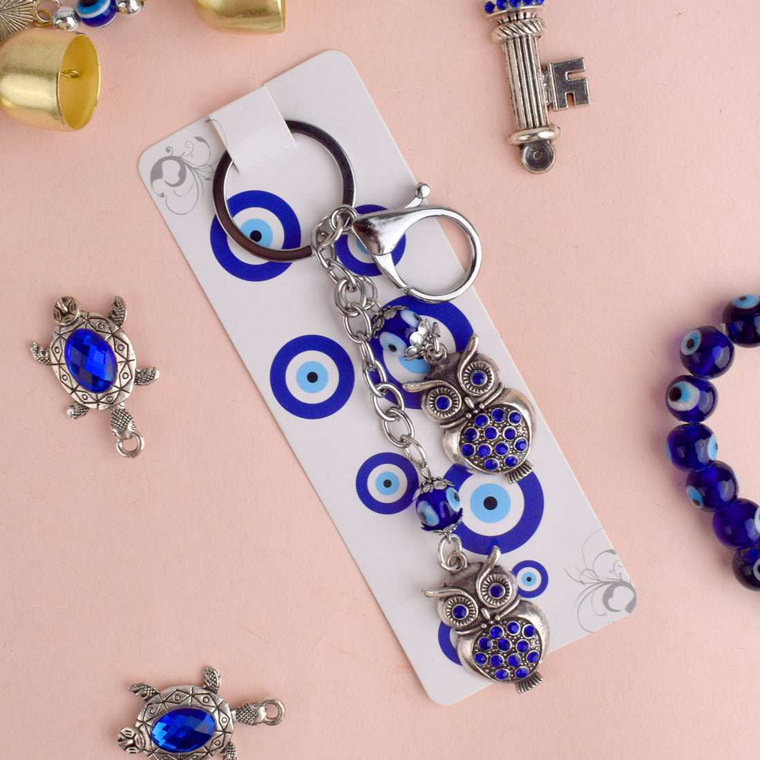 Double Owl Keychain with Evil Eye