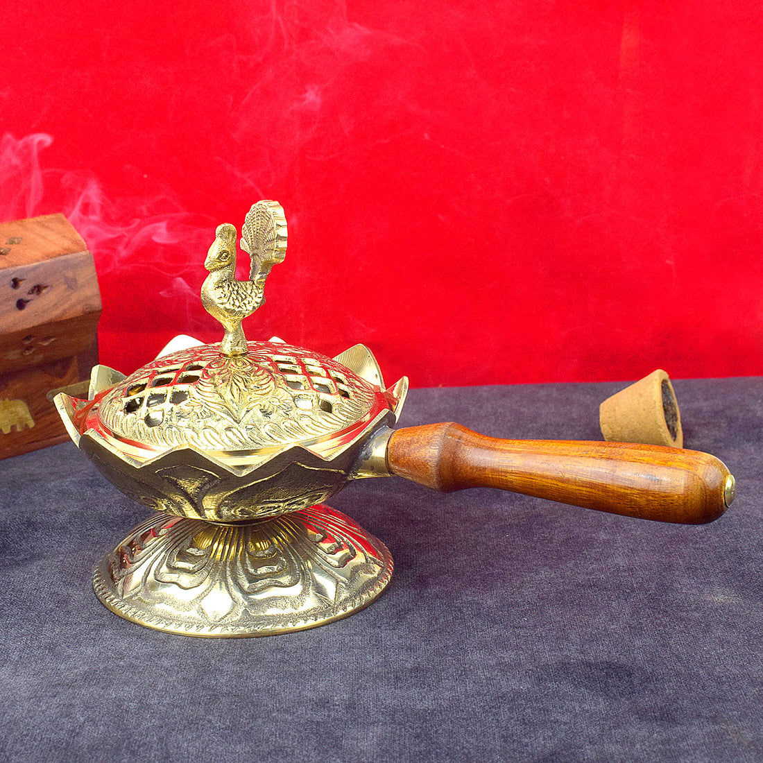 Antique Brass Loban Dingali with Wooden Handle for Pooja and Rituals