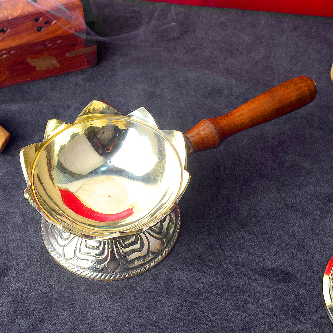 Antique Brass Loban Dingali with Wooden Handle for Pooja and Rituals