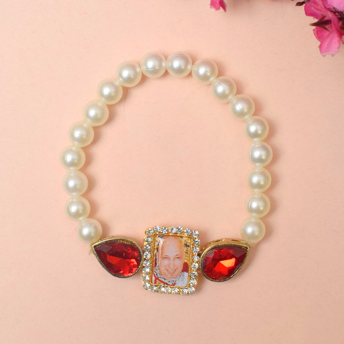 White Pearl and Red Stone Bracelet with Jai Guruji Swaroop Handmade Bracelets for Men and Women