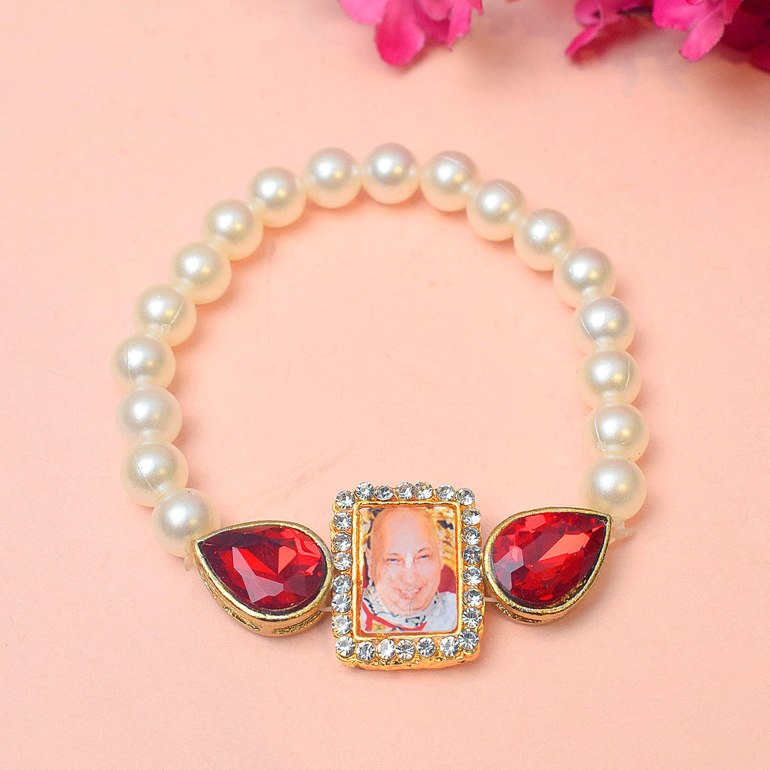 White Pearl and Red Stone Bracelet with Jai Guruji Swaroop Handmade Bracelets for Men and Women