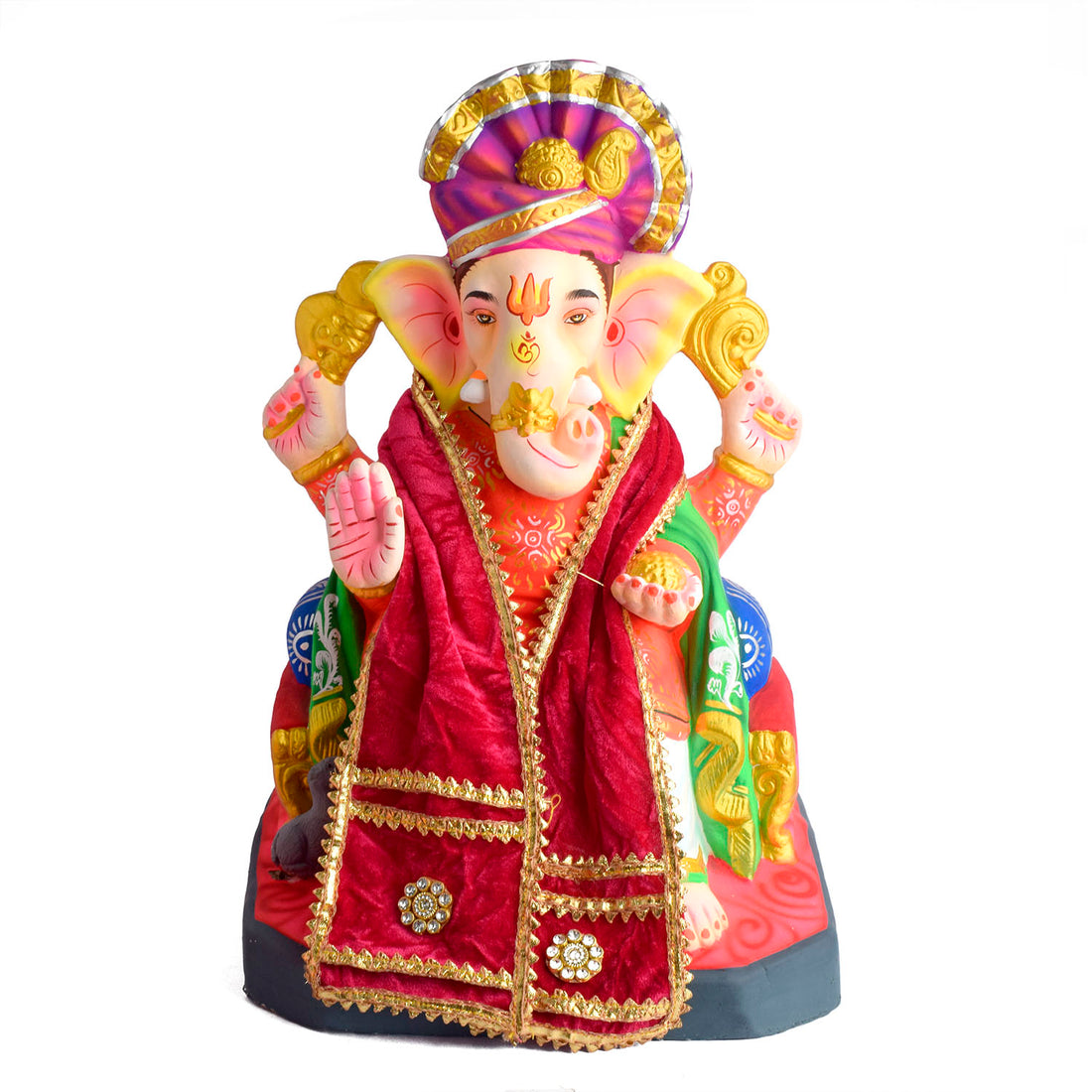 Elegant Red Velvet Ganpati Idol Patka with Floral Medallions