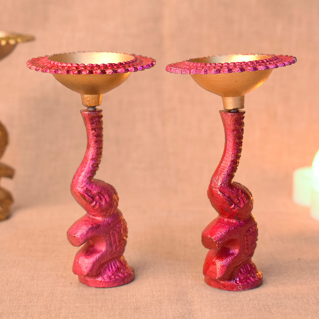 Multicolor Elephant Diya Metal Table Dia Laxmi Candle Tea Light Holder (Pack of 2)