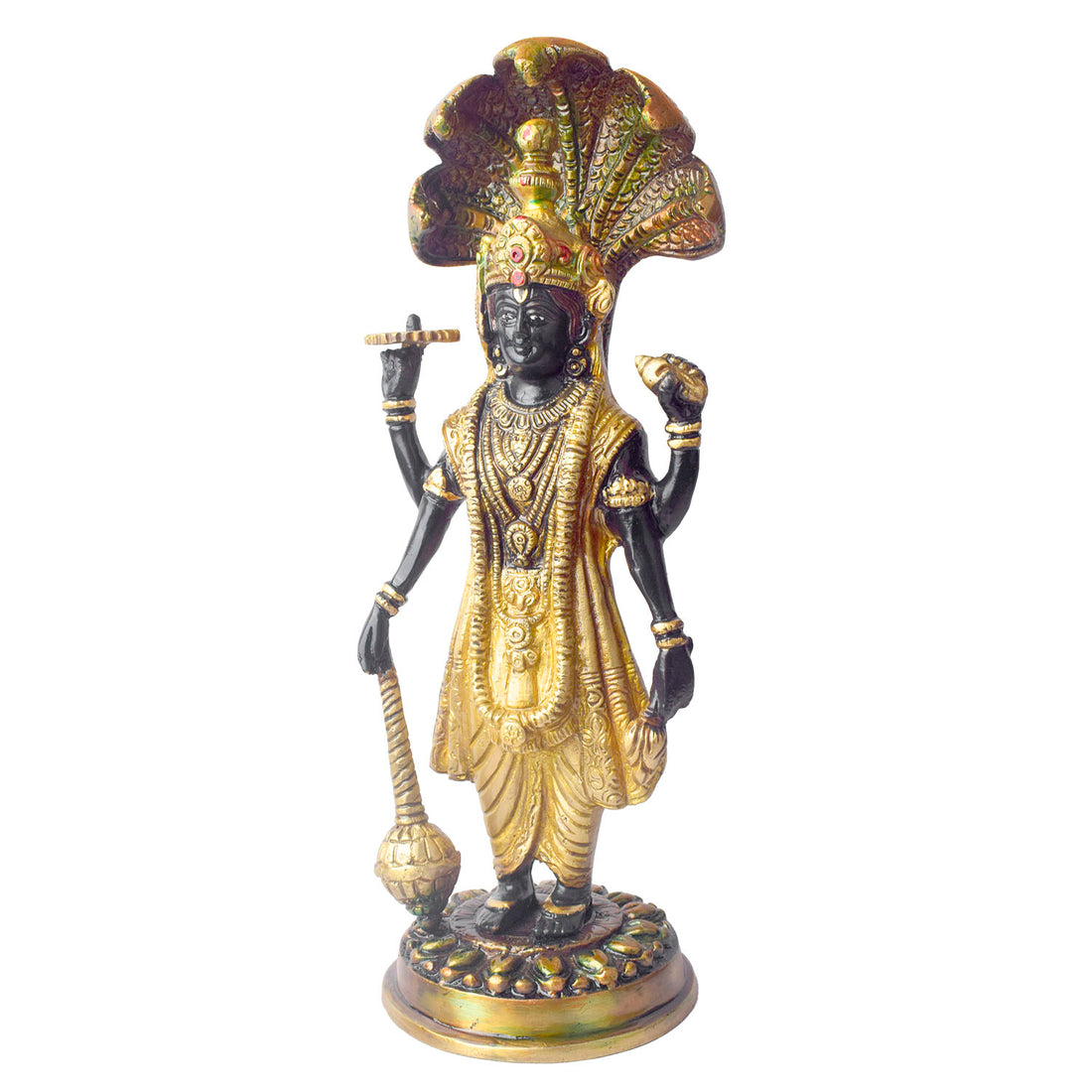 This elegant brass statue of Lord Vishnu seated on the mighty Seshnag is a powerful symbol of divine protection, balance, and cosmic order. The intricate craftsmanship beautifully depicts Lord Vishnu in his serene and majestic form, with the multi-headed Seshnag providing a protective canopy.