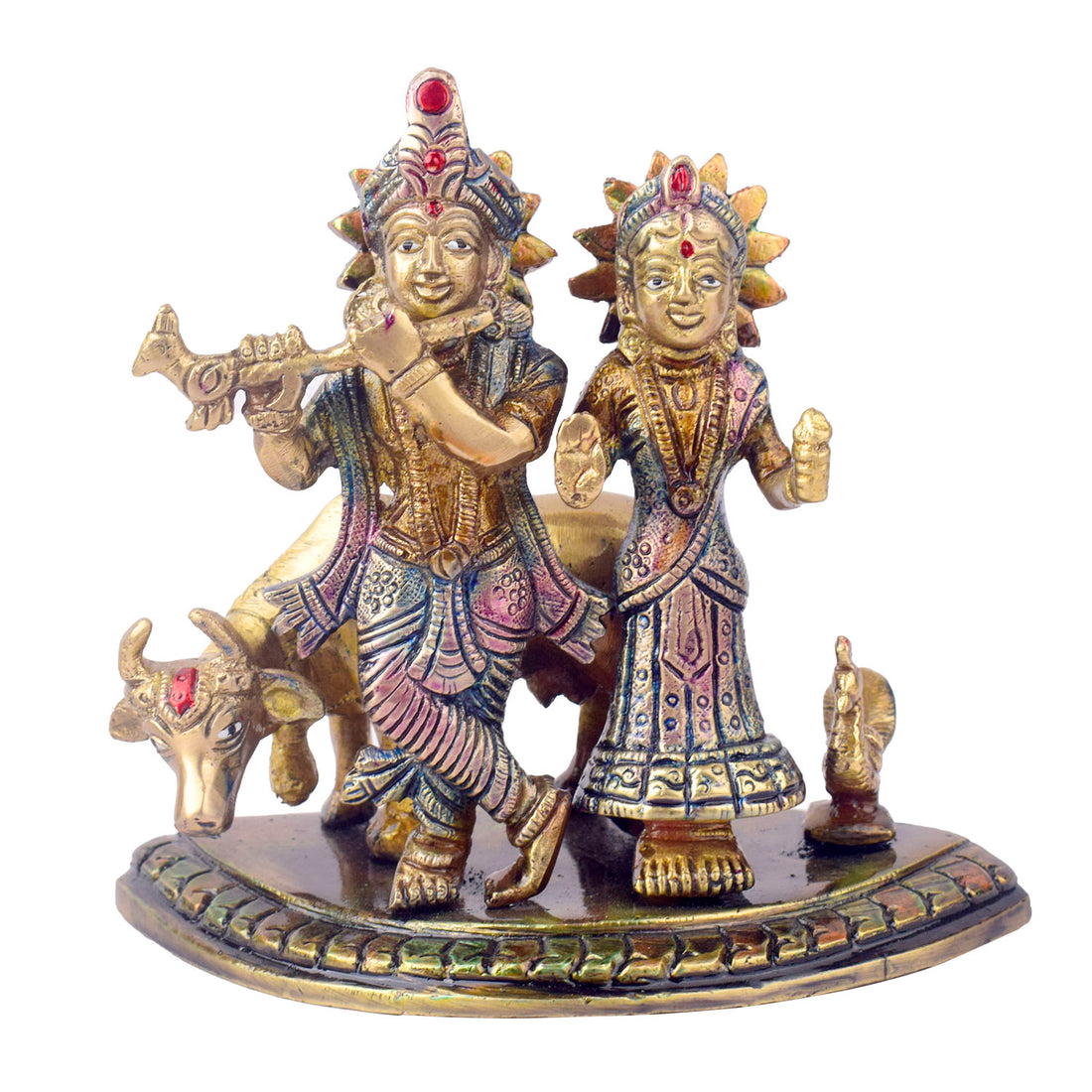 The 5.5 Inch Divine Radha Krishna with Kamdhenu Cow Idol is a captivating symbol of eternal love, harmony, and divine blessings. This beautifully crafted idol features Radha and Krishna in a serene pose, with Krishna playing his mesmerizing flute and Radha standing gracefully by his side.