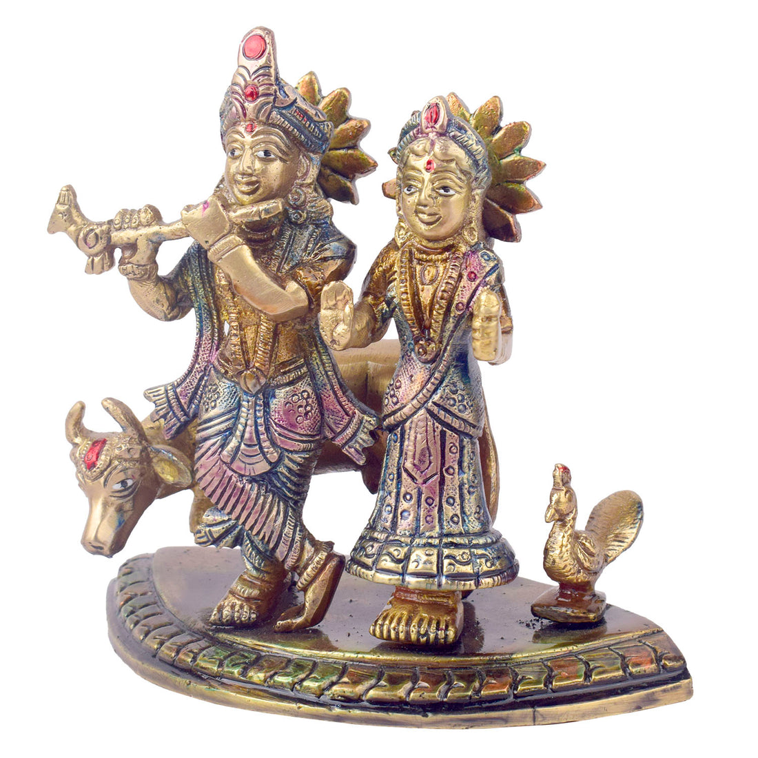 The 5.5 Inch Divine Radha Krishna with Kamdhenu Cow Idol is a captivating symbol of eternal love, harmony, and divine blessings. This beautifully crafted idol features Radha and Krishna in a serene pose, with Krishna playing his mesmerizing flute and Radha standing gracefully by his side.
