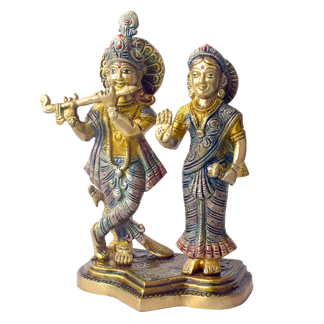 The 8 Inch Radha Krishna Idol โ A Symbol of True Devotion and Love is a magnificent representation of the eternal bond between Radha and Krishna, capturing the purity and depth of their divine love. This beautifully crafted idol depicts Krishna playing his flute, while Radha stands beside him, radiating grace, love, and devotion.