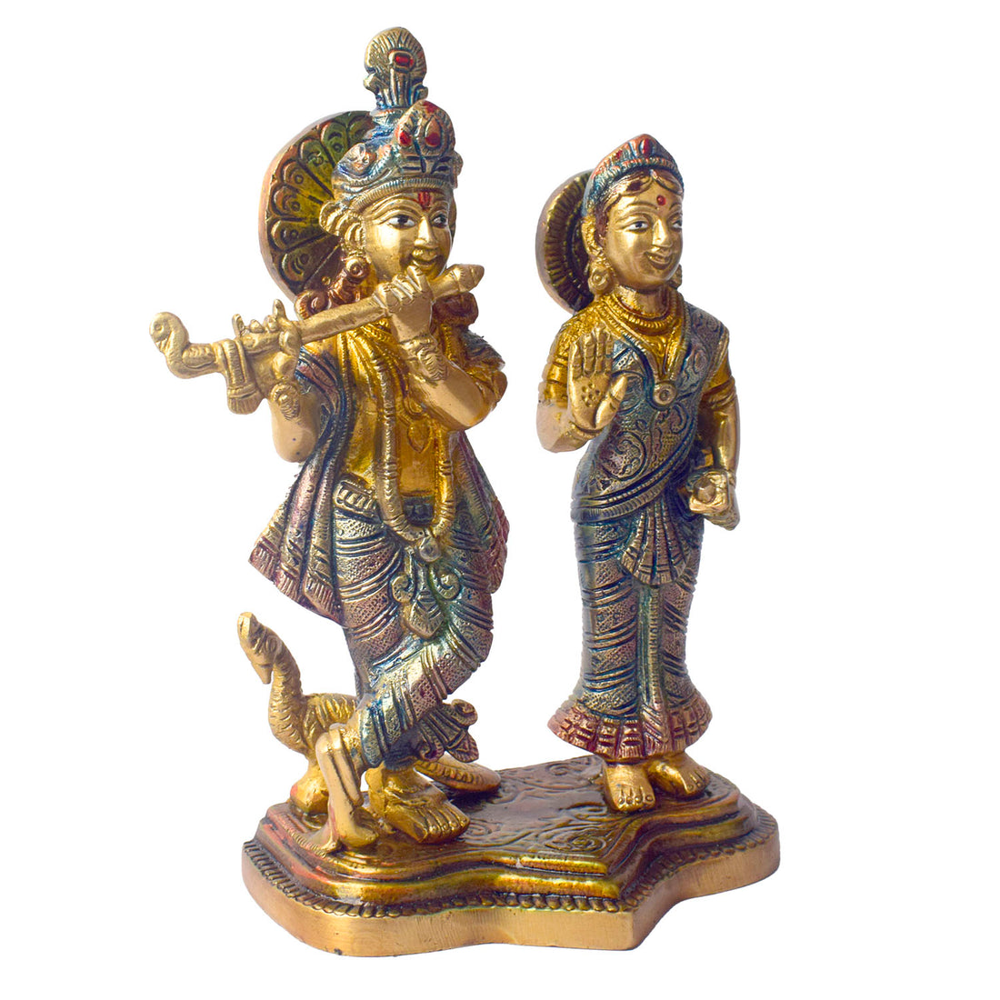 The 8 Inch Radha Krishna Idol โ A Symbol of True Devotion and Love is a magnificent representation of the eternal bond between Radha and Krishna, capturing the purity and depth of their divine love. This beautifully crafted idol depicts Krishna playing his flute, while Radha stands beside him, radiating grace, love, and devotion.