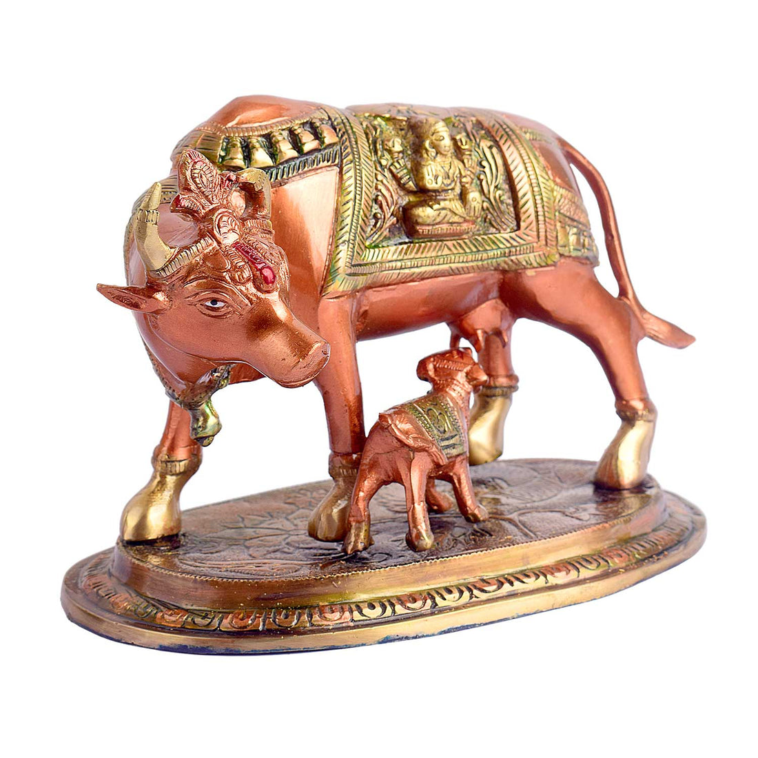 6.7 Inch Kamdhenu Cow with Calf Antique Brass Idol