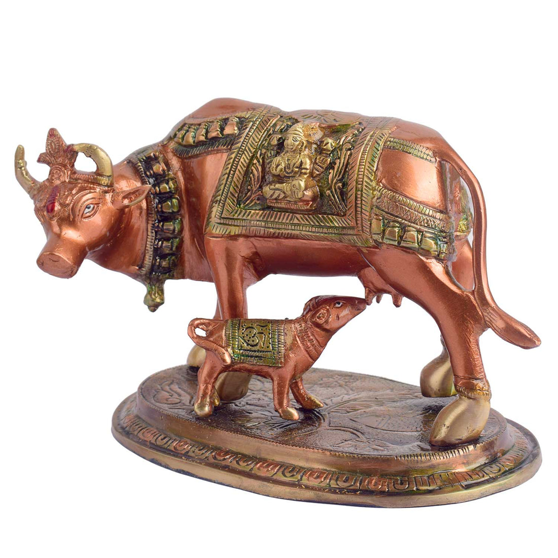6.7 Inch Kamdhenu Cow with Calf Antique Brass Idol