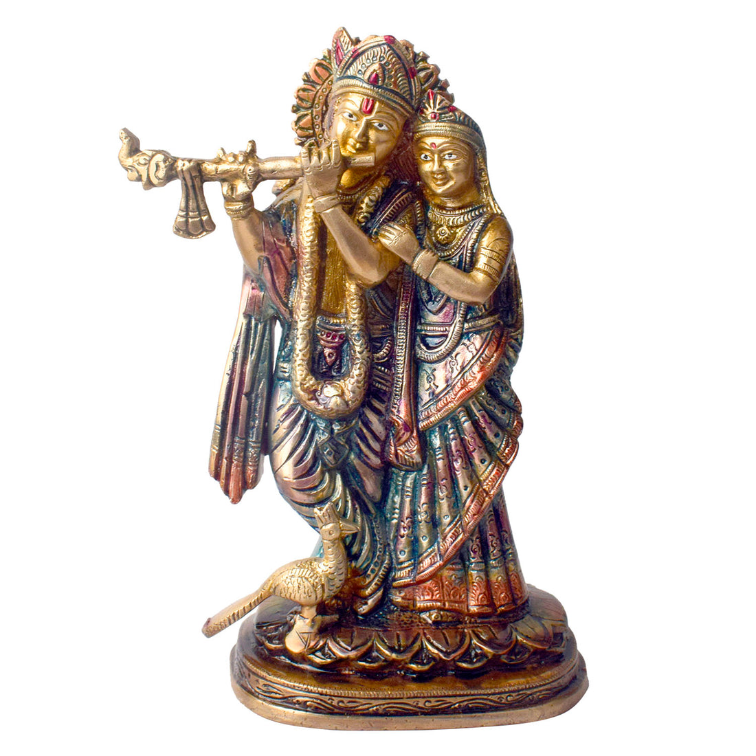 The 9 Inch Radha Krishna β Divine Presence in a Beautiful Idol is a stunning masterpiece that beautifully portrays the eternal love and devotion between Radha and Krishna. This intricately crafted idol captures the divine couple in an elegant and serene pose, with Krishna playing his enchanting flute and Radha radiating grace and love.