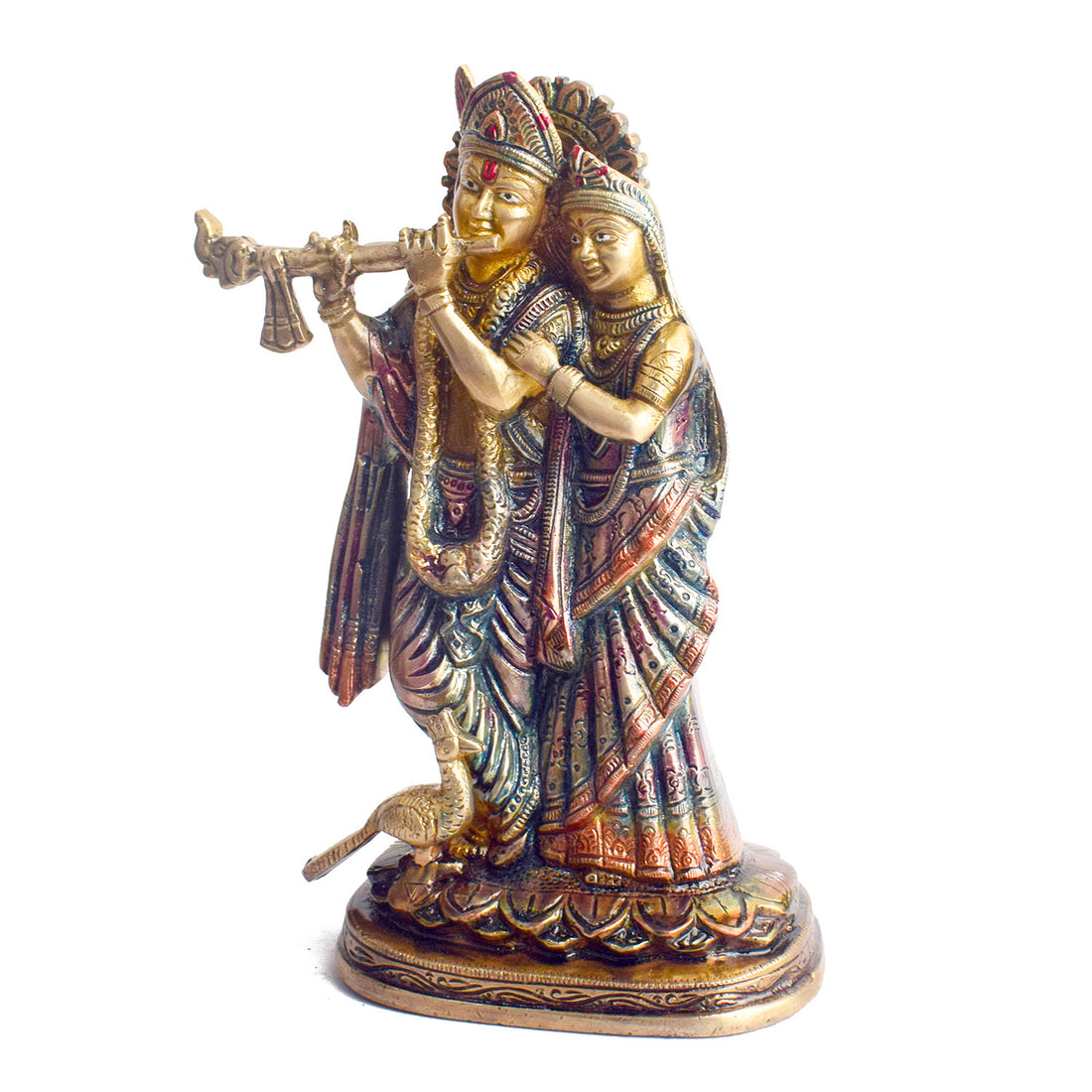 The 9 Inch Radha Krishna β Divine Presence in a Beautiful Idol is a stunning masterpiece that beautifully portrays the eternal love and devotion between Radha and Krishna. This intricately crafted idol captures the divine couple in an elegant and serene pose, with Krishna playing his enchanting flute and Radha radiating grace and love.