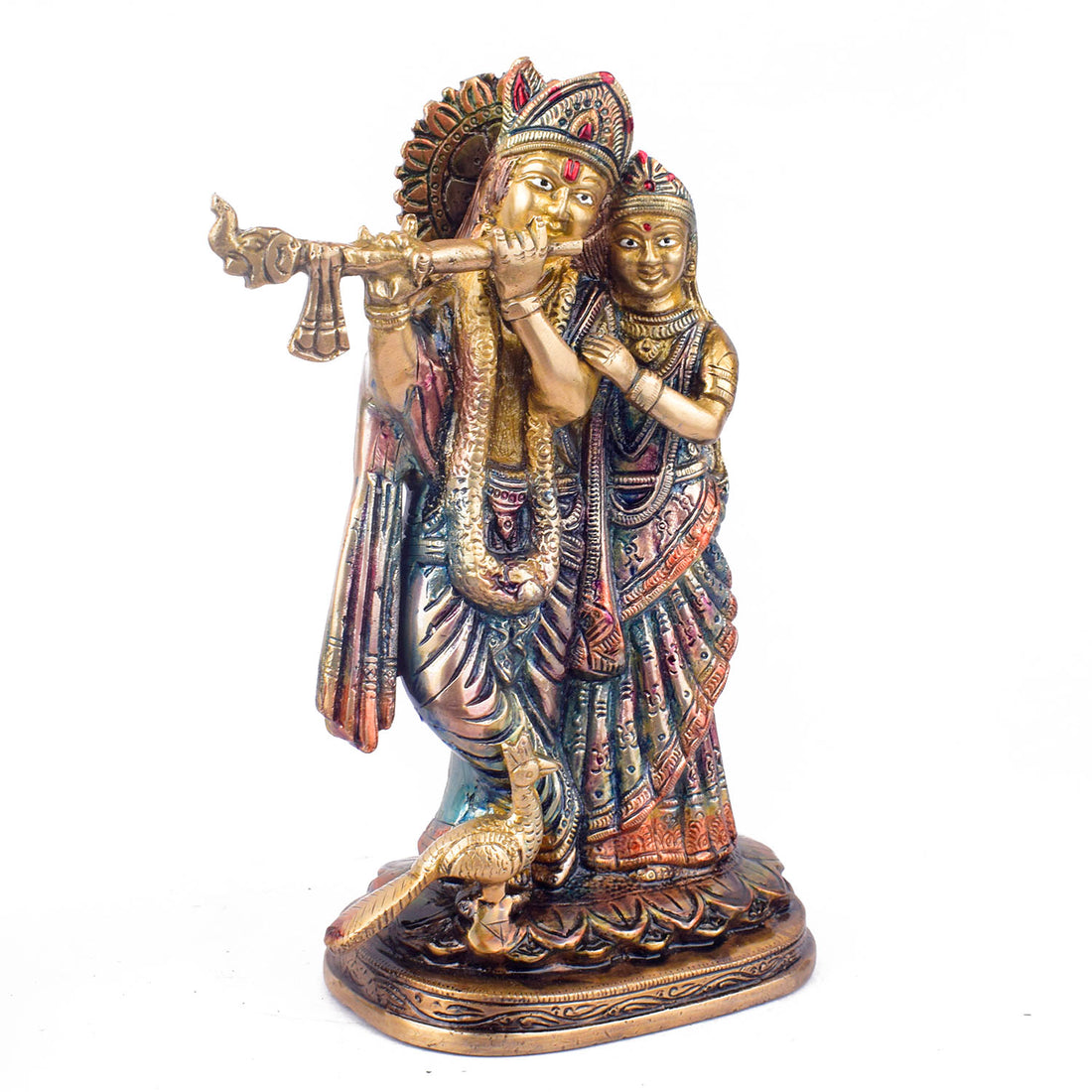 The 9 Inch Radha Krishna β Divine Presence in a Beautiful Idol is a stunning masterpiece that beautifully portrays the eternal love and devotion between Radha and Krishna. This intricately crafted idol captures the divine couple in an elegant and serene pose, with Krishna playing his enchanting flute and Radha radiating grace and love.