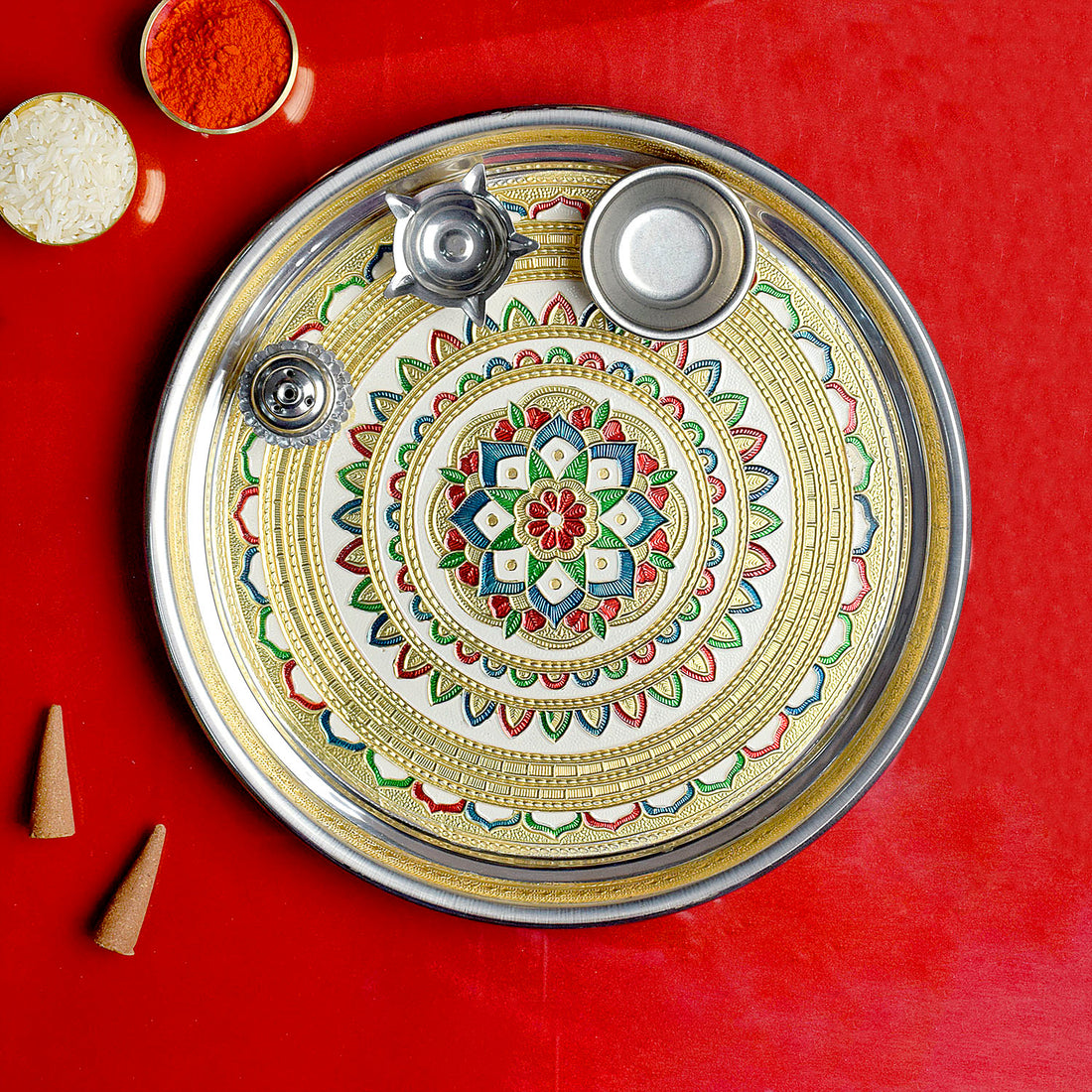 Stainless Serenity - Elegant Printed Pooja Aarti Thali Set