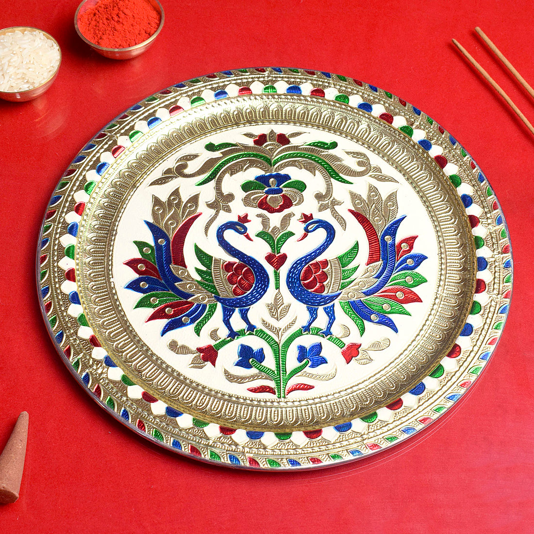 Peacock Embossed Puja Thali - Festive Delight for Diwali & Karwa Chauth