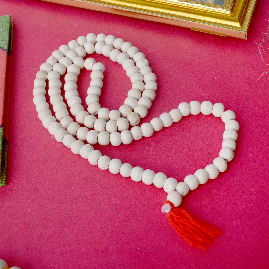 Handcrafted Wooden White Jap Mala made with finely polished white wooden beads, ideal for mantra chanting, meditation, and spiritual use. Indiaโs Premium Jap Mala Store- www.satvikstore.in