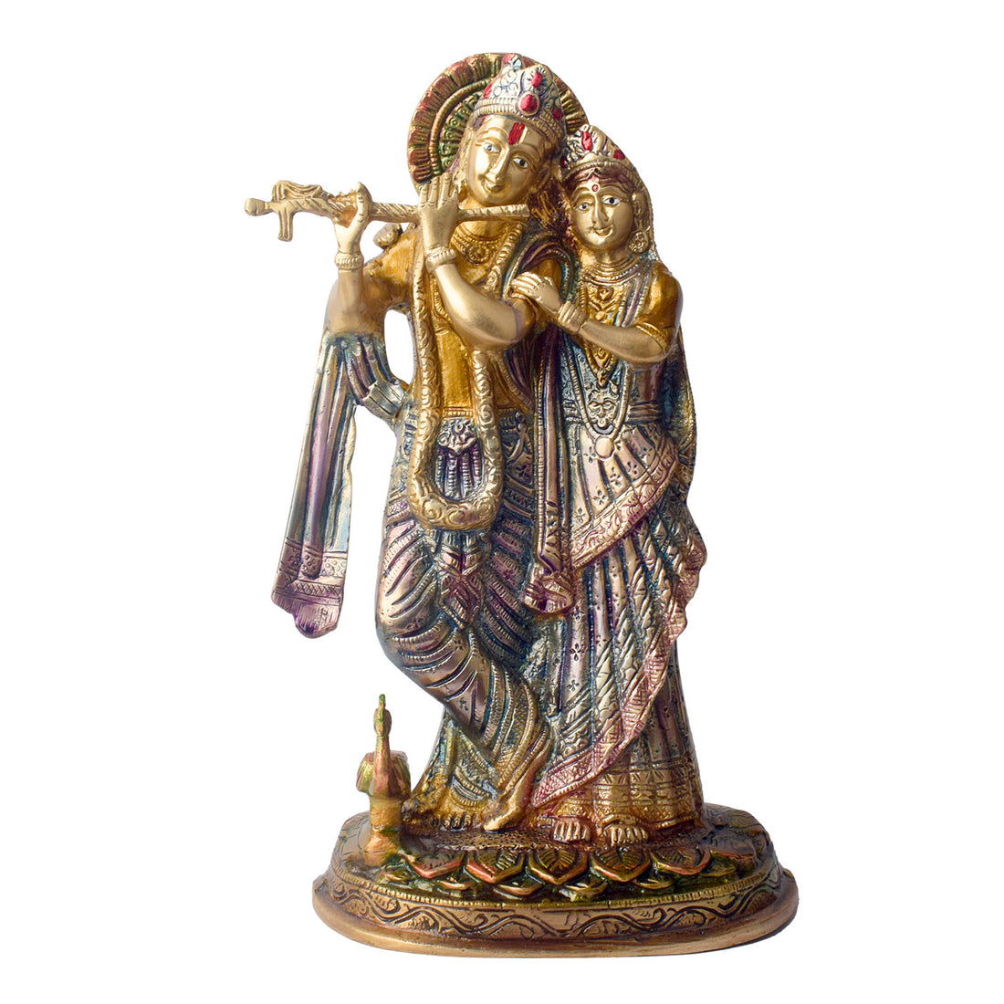 The 11.4 Inch Radha Krishna โ Divine Harmony in a Sacred Sculpture is a breathtaking masterpiece that captures the eternal and divine bond between Radha and Krishna. This beautifully detailed idol showcases the couple in a serene and harmonious pose, with Krishna playing his mesmerizing flute and Radha standing gracefully by his side.