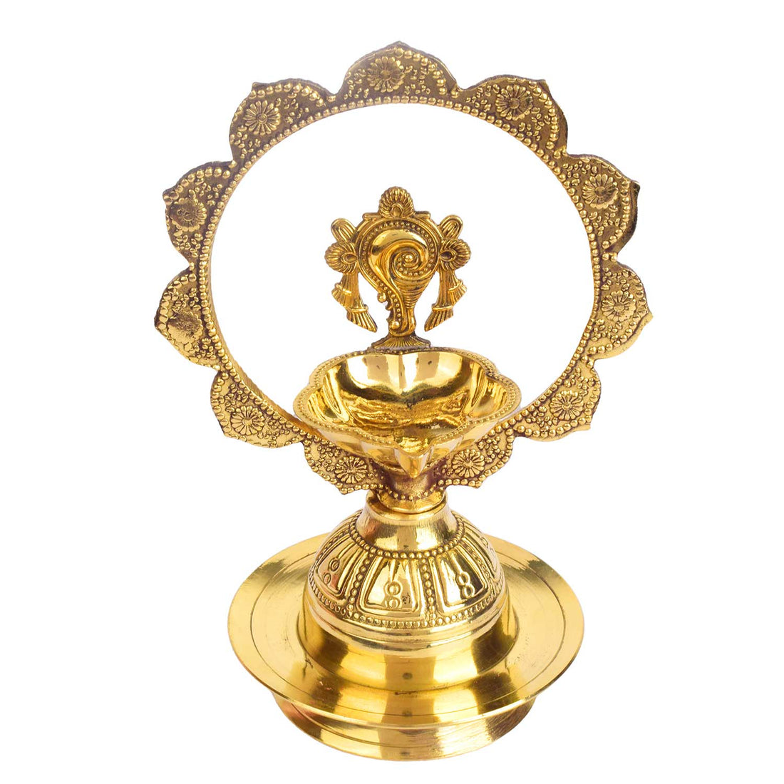 7.5 Inch Embossed Shankh Morkiran Brass Diya