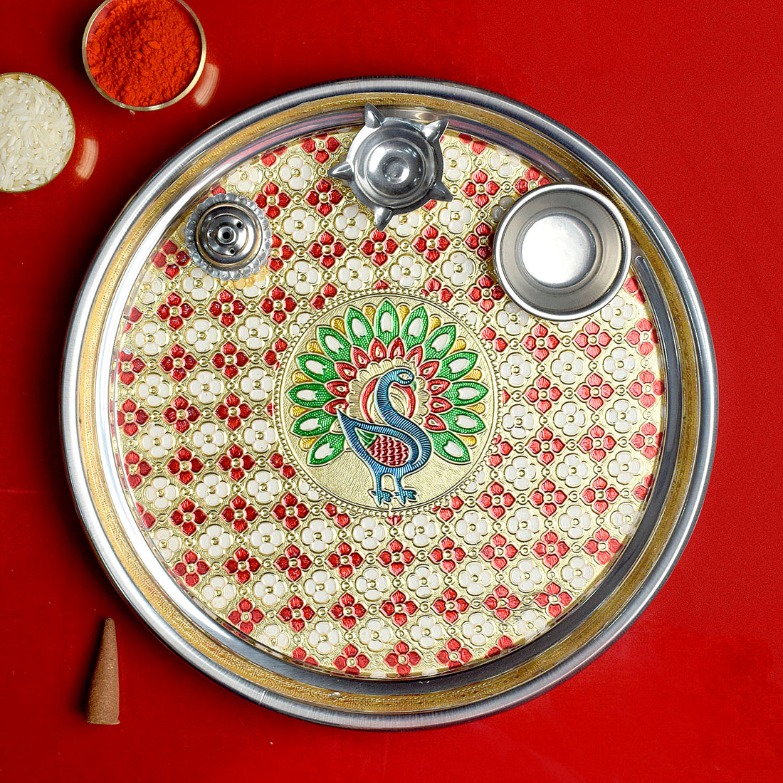 Printed Stainless Steel Aarti Thali Ensemble