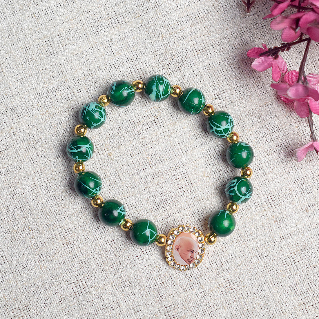 Dark Green Round Pearl Bracelet with Jai Guruji Swaroop Handmade Bracelets for Men and Women
