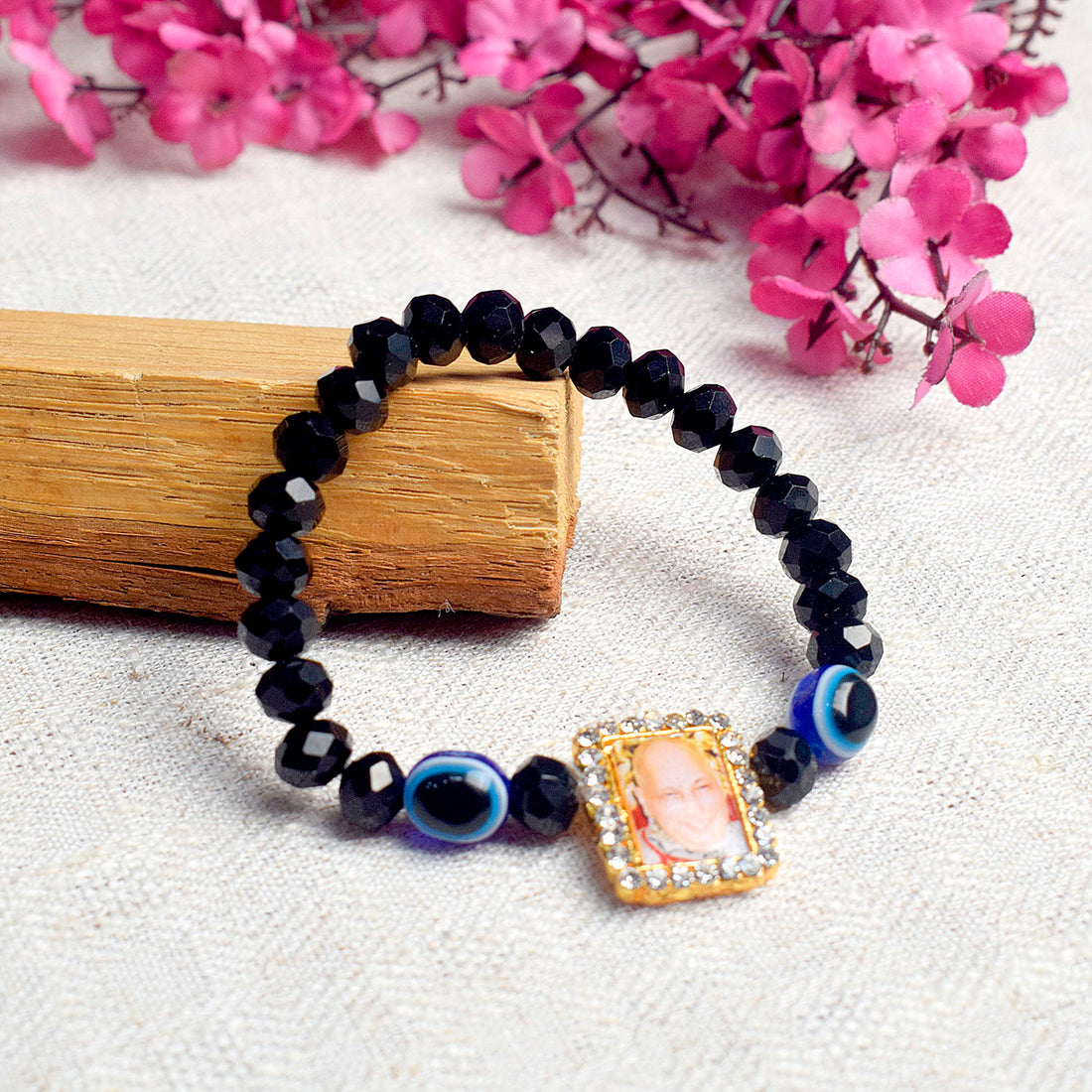 Black Evil Eye Beads Bracelet with Jai Guruji Swaroop for Men and Women