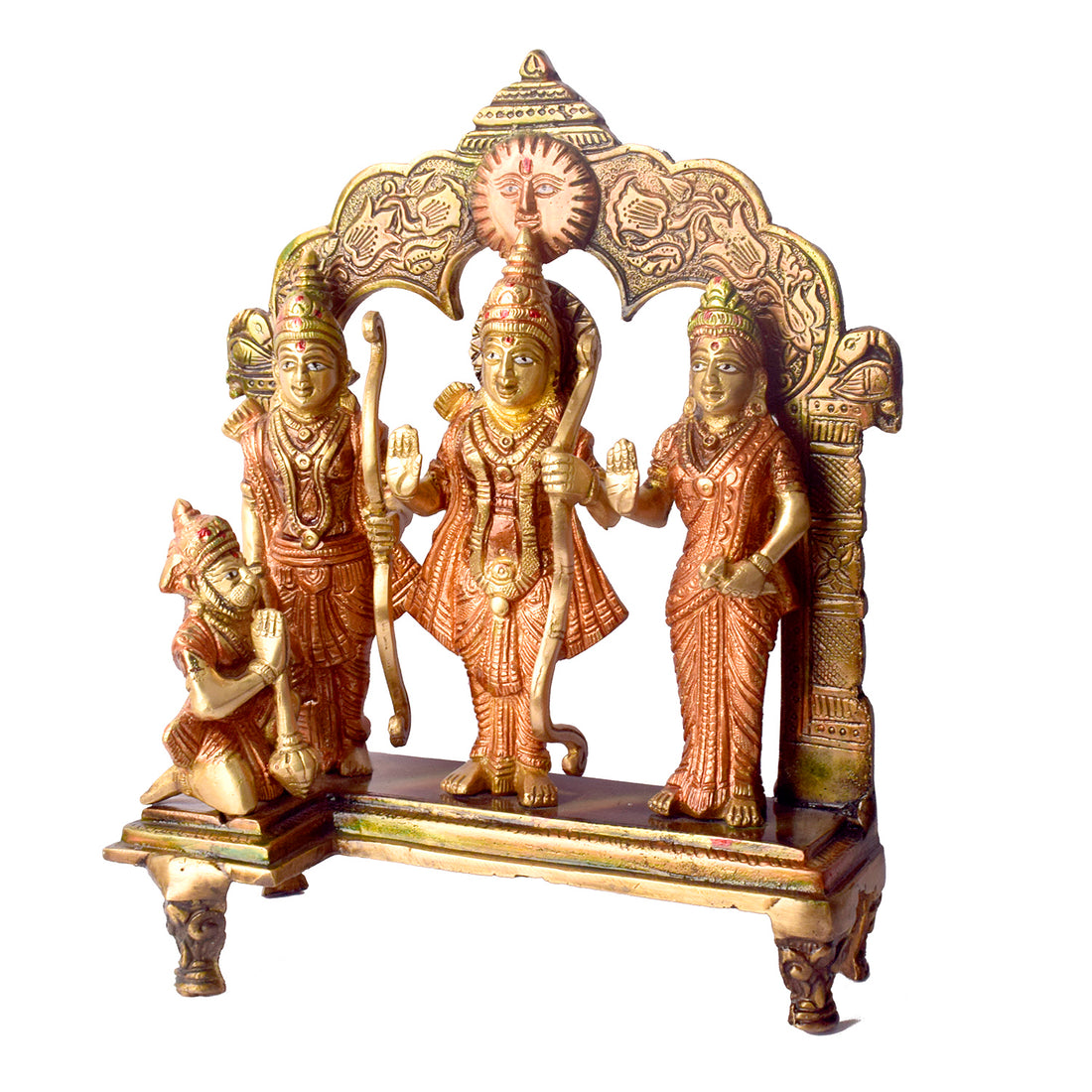 Large Brass Idol of 10.2 Inch Elegant Brass Ram Darbar Murti. Bring divine grace and positivity into your home with this beautifully crafted Brass Small Ram Darbar Idol, featuring Lord Rama, Sita, Lakshman, and Hanuman. Symbolizing love, devotion, and protection, this intricately detailed idol is perfect for enhancing your home temple, Pooja room, or spiritual dΓ©cor.
