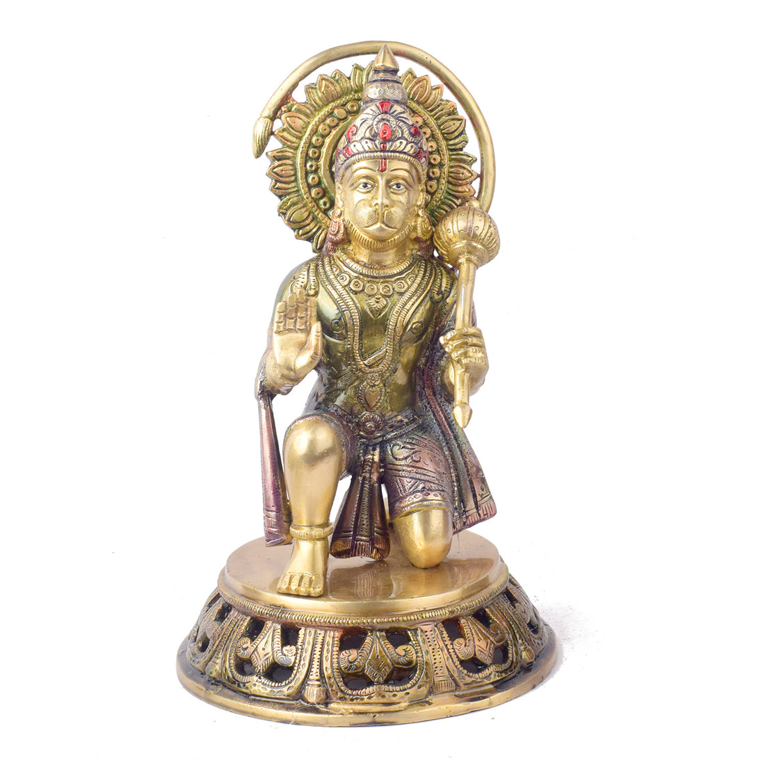 The "10.6 Inch Brass Hanuman Idol – Protector of Courage and Faith" is a stunningly detailed representation of Lord Hanuman, the embodiment of strength, devotion, and unwavering courage.