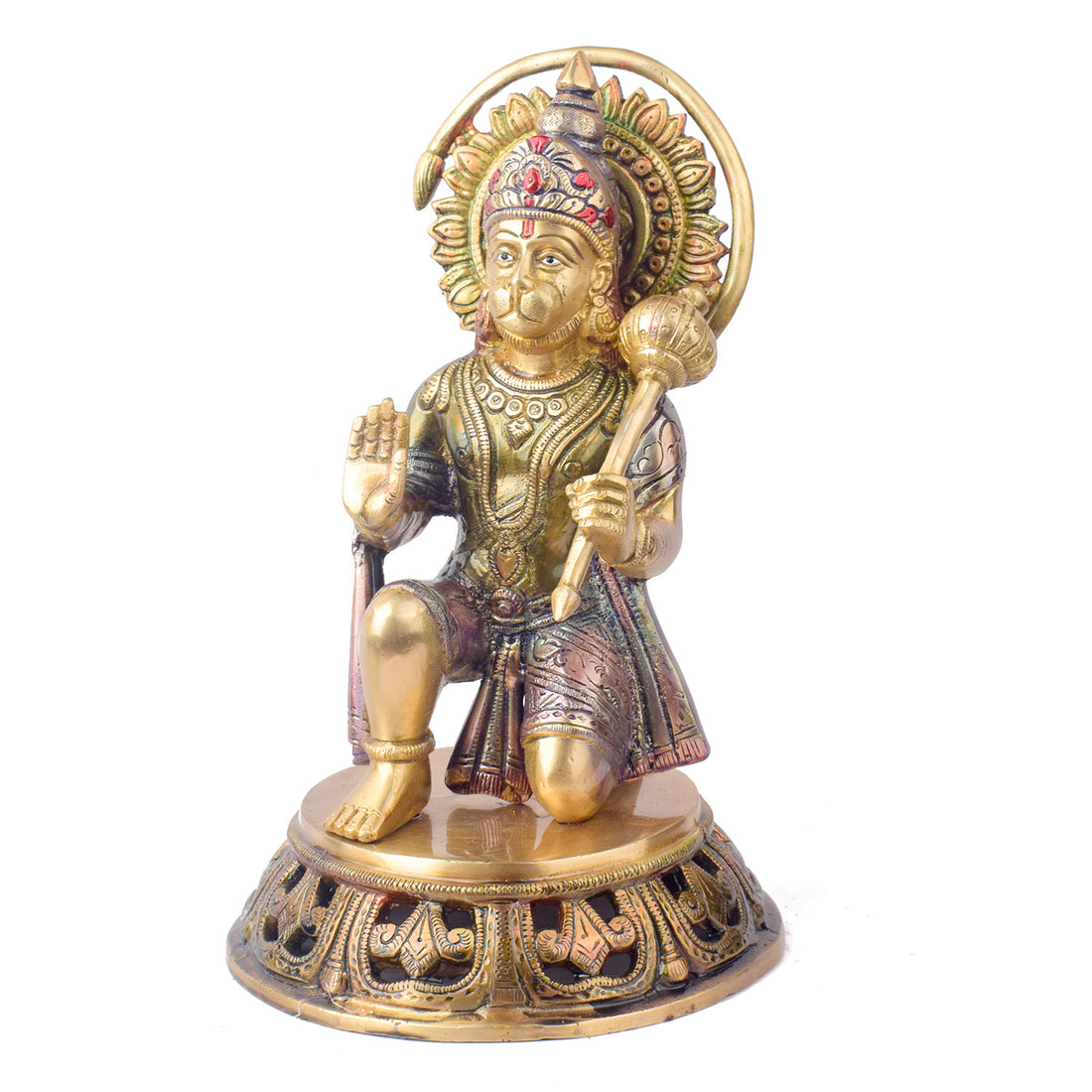The "10.6 Inch Brass Hanuman Idol – Protector of Courage and Faith" is a stunningly detailed representation of Lord Hanuman, the embodiment of strength, devotion, and unwavering courage.