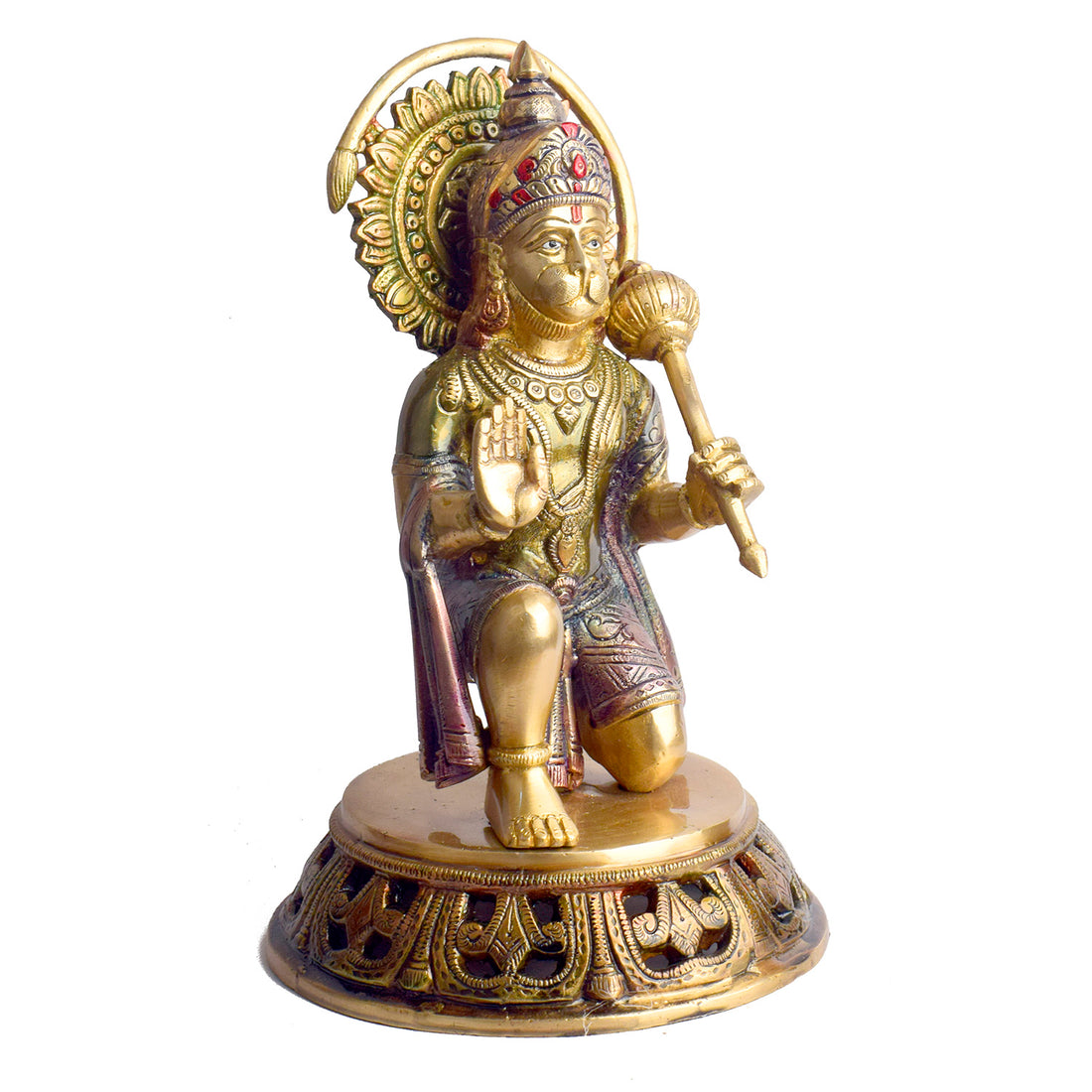 The "10.6 Inch Brass Hanuman Idol – Protector of Courage and Faith" is a stunningly detailed representation of Lord Hanuman, the embodiment of strength, devotion, and unwavering courage.