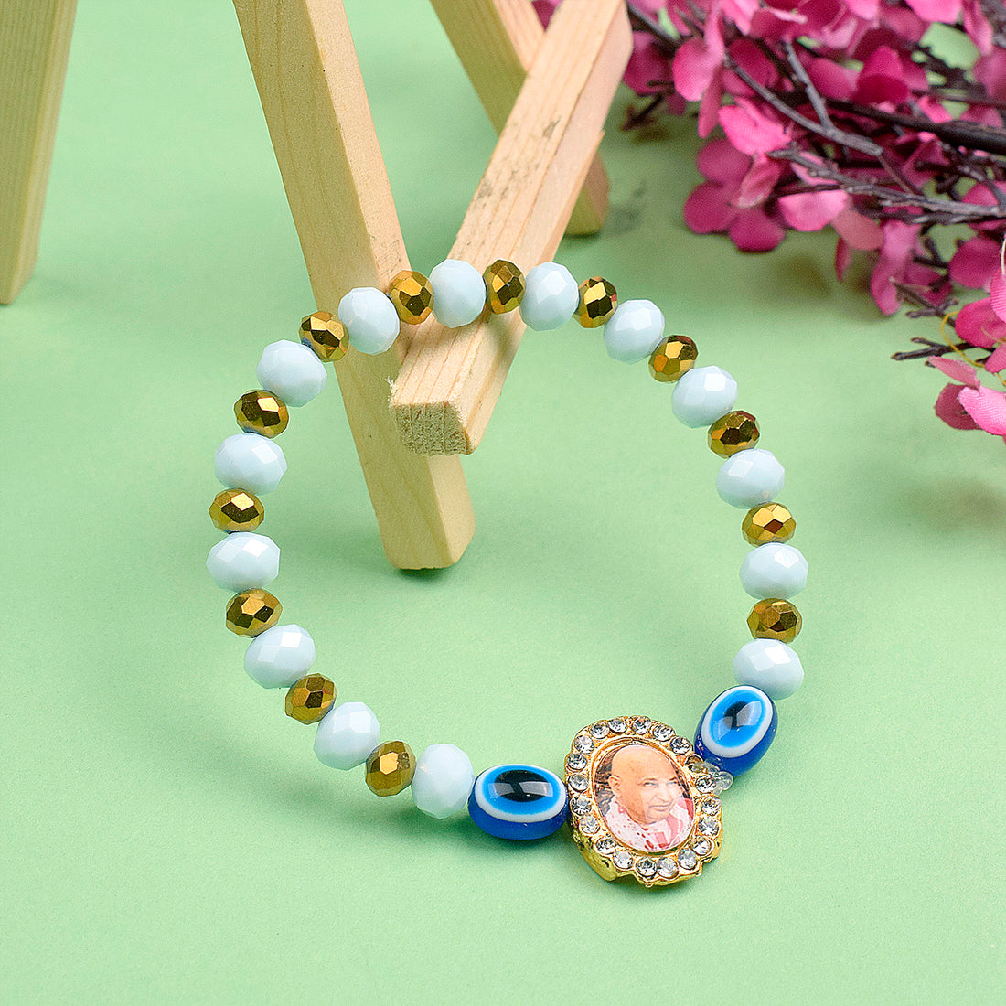 White Evil Eye Beads Bracelet with Jai Guruji Swaroop Handmade Bracelets for Men and Women