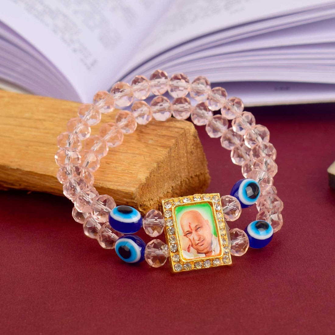 Jai Guruji Swaroop Bracelet β Pink Beads with Evil Eye Charm