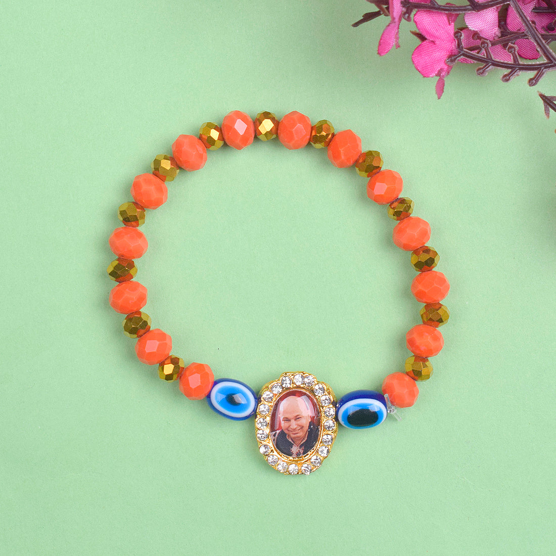Orange Evil Eye Beads Bracelet with Jai Guruji Swaroop Handmade Bracelets for Men and Women