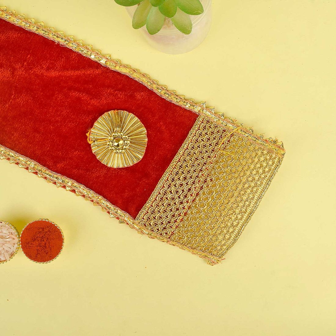 Designer Red Velvet Ganpati Idol Patka with Zig-Zag Border