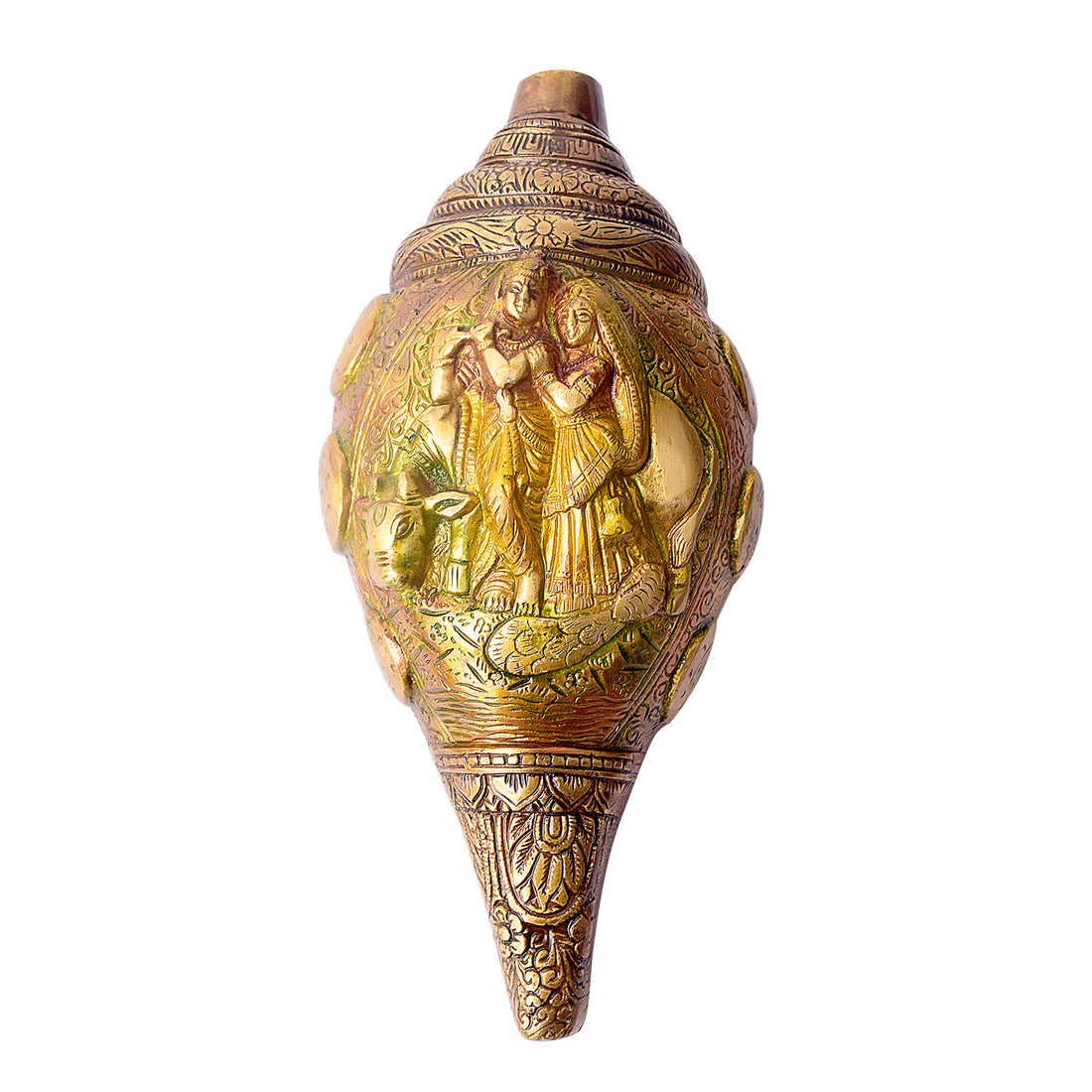 Brass Shankh with Divine Carvings of Radha Krishna Shankh