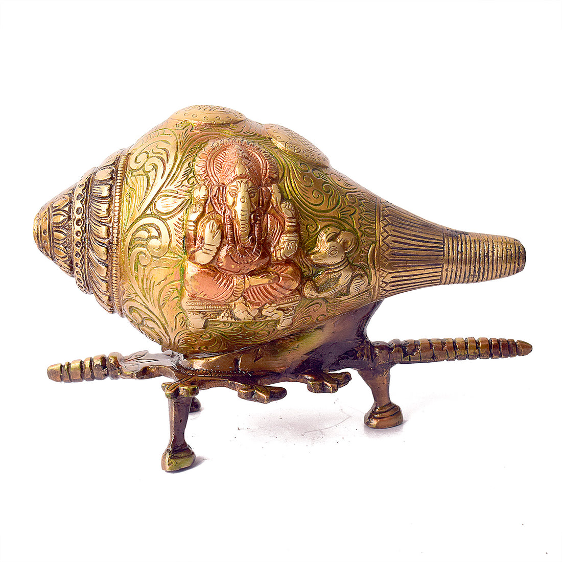 5.9 Inch Handcrafted Indian Brass Shankh With Ganesha Engraving with Stand
